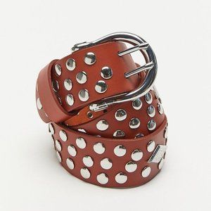 NWT Studded Leather Belt, Brown with Silver Hardware, S